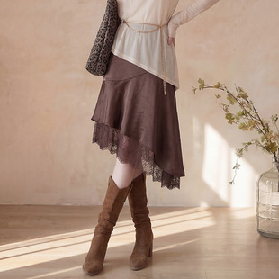 菲媛法式 春夏新款 时尚 百搭纯色缎面 气质优雅蕾丝花边不规则裙女