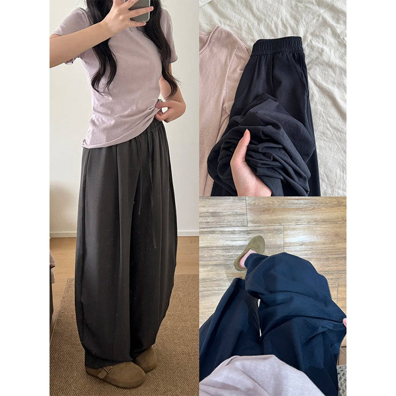 灰色冰丝阔腿裤女夏季新款2026新款高腰显瘦垂感休闲小个子弯刀裤