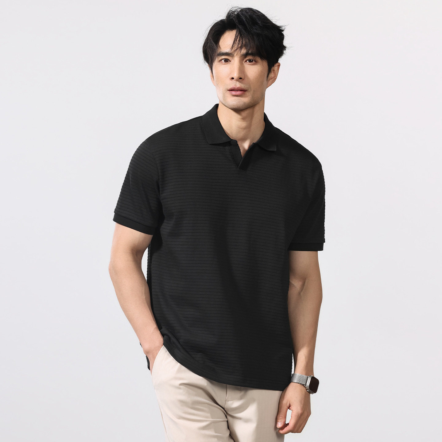 翻领短袖POLO衫男士2026夏季新款日系复古纯色百搭休闲五分袖体恤