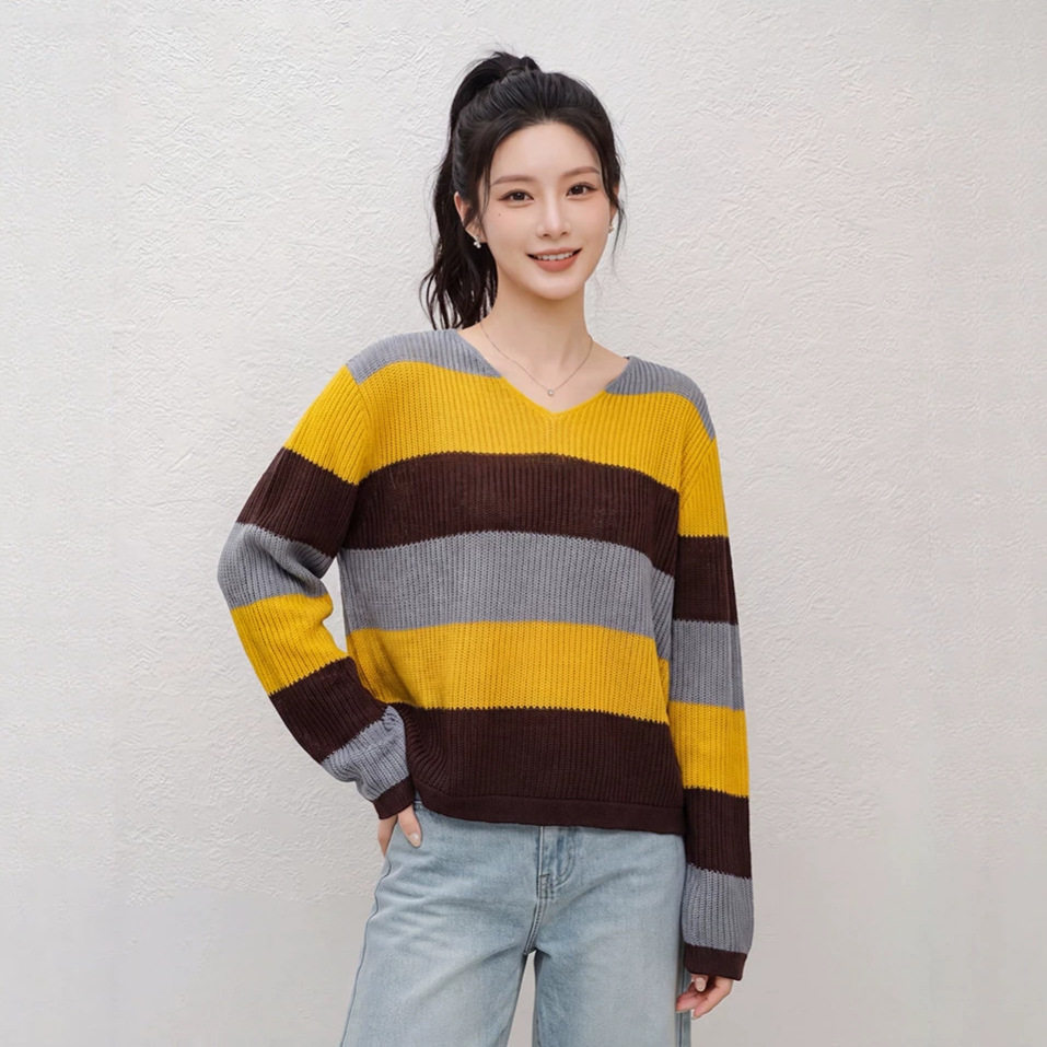 撞色条纹V领针织衫女2026宽松慵懒风款6羊毛减龄百搭打底毛衣上衣