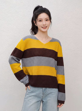 撞色条纹V领针织衫女2026宽松慵懒风款6羊毛减龄百搭打底毛衣上衣