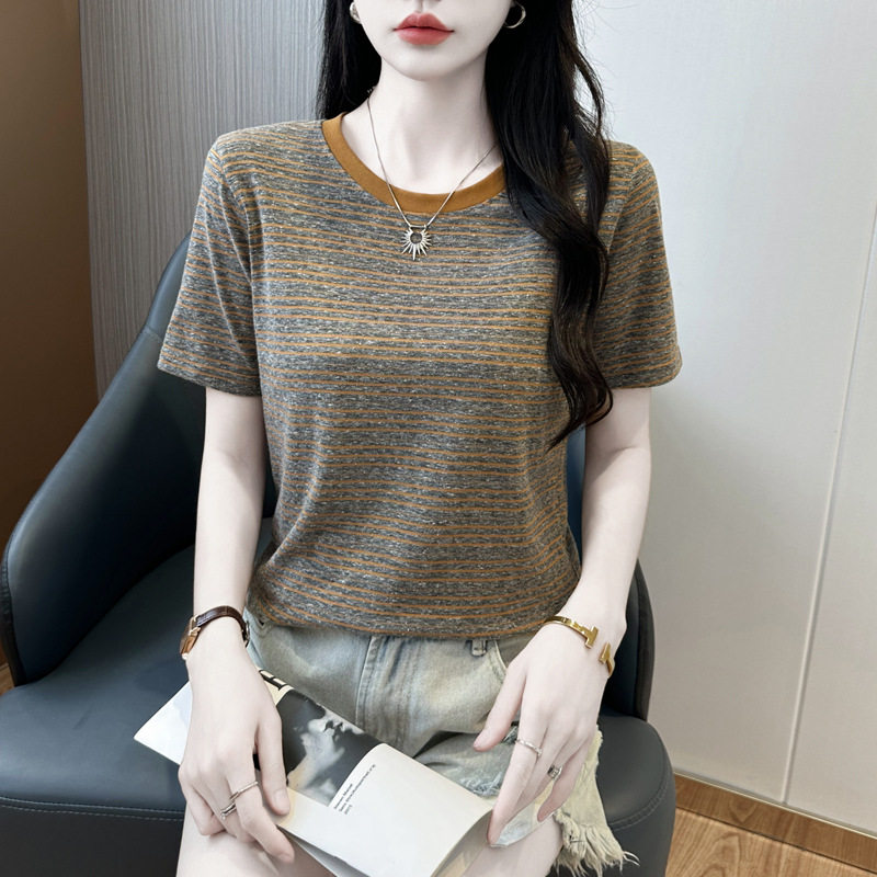 205~条纹t恤圆领宽松短袖女装打底衫夏季2025年半袖上衣