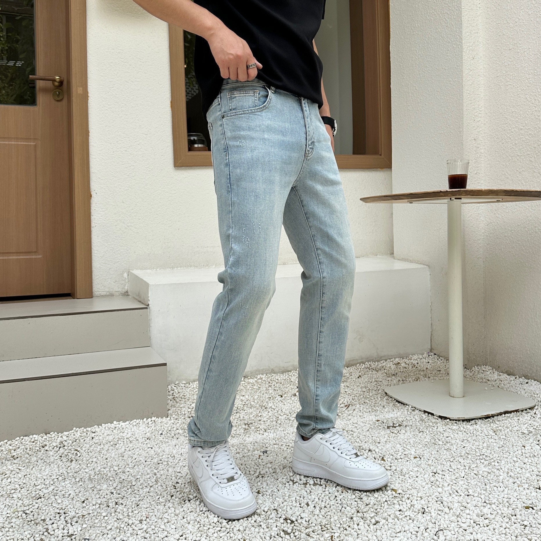 原创设计高端欧货男士牛仔裤蓝色洗水修身直筒弹力四季休闲男长裤