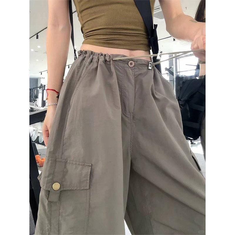 军绿色美式工装裤女夏季薄款速干运动裤小个子高腰直筒宽松阔腿裤