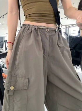 军绿色美式工装裤女夏季薄款速干运动裤小个子高腰直筒宽松阔腿裤