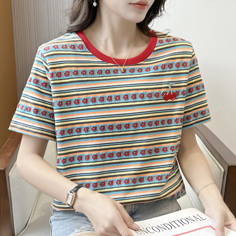 彩色条纹美式复古半短袖刺绣t恤女宽松00后新款夏季清爽个性田园