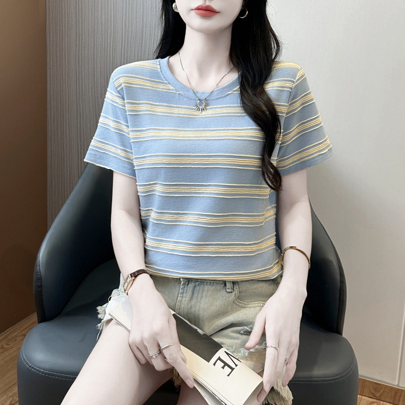 214~条纹短袖T恤女宽松短款夏2025新款韩版学生体恤上衣