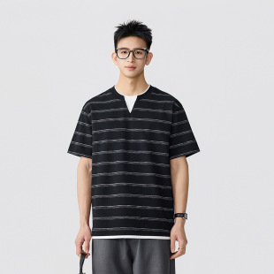 海魂衫 假两件V领撞色条纹短袖 华夫格肌理感半袖 2026新款 t恤男夏季