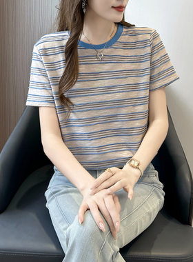 蓝条纹短袖T恤女上班休闲百搭