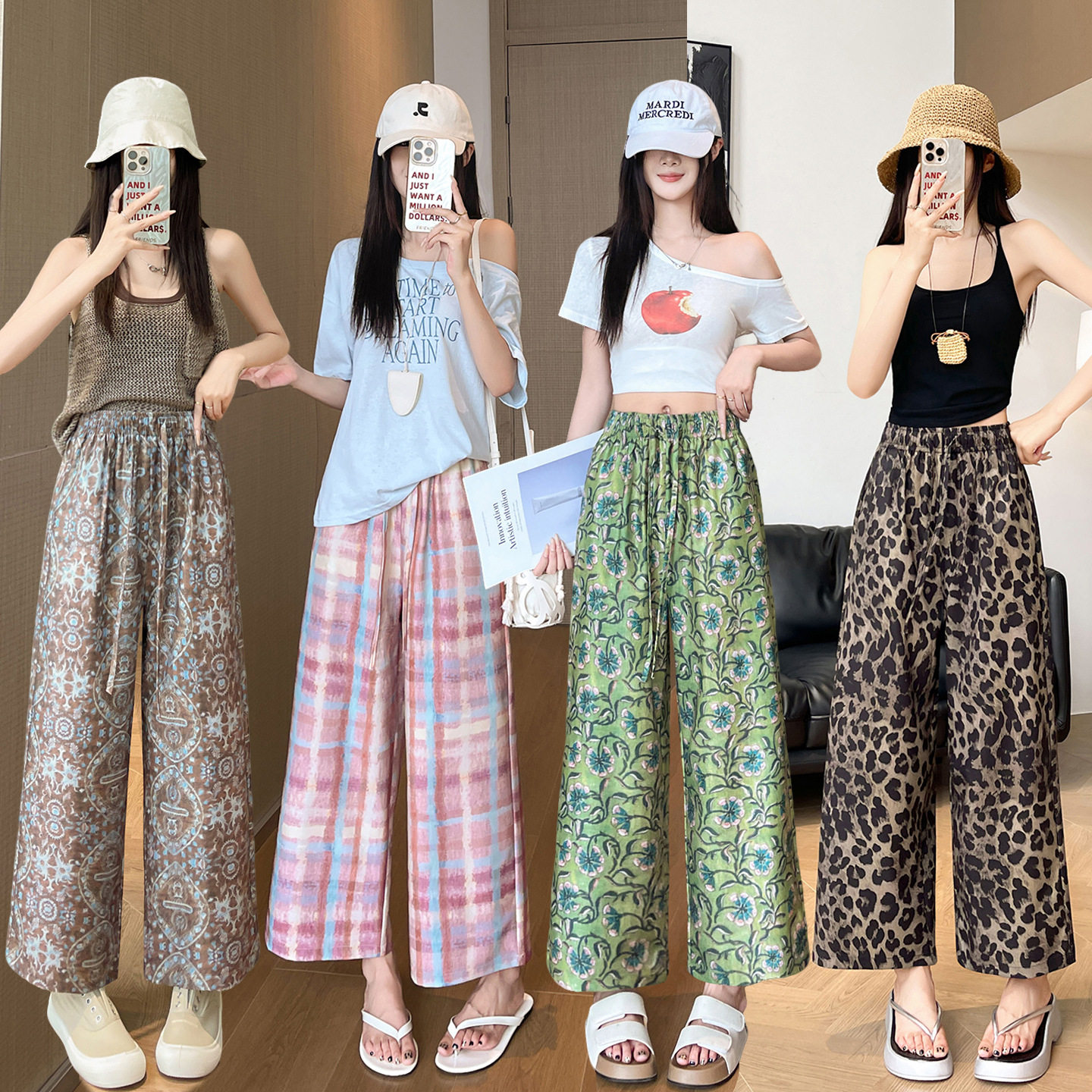 菲媛甜美风格纹印花休闲宽松舒适直筒裤女 夏季新款轻薄透气长裤