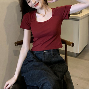 弹力人棉纯欲风U领T恤女短袖 修身 显瘦辣妹露脐短款 打底上衣in 夏季