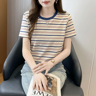 221~条纹t恤圆领宽松短袖女装内搭打底衫夏季2025年半袖上衣