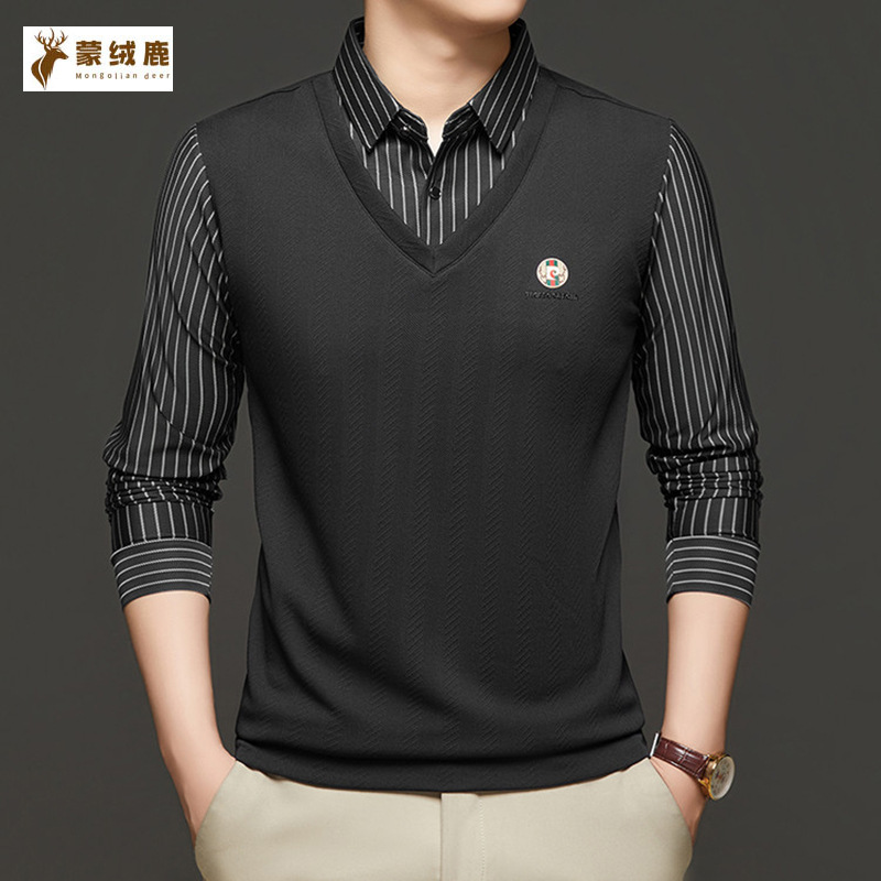 男秋冬季新款高档桑蚕丝长袖T恤男提花翻领衬衫假两件条纹针织衫