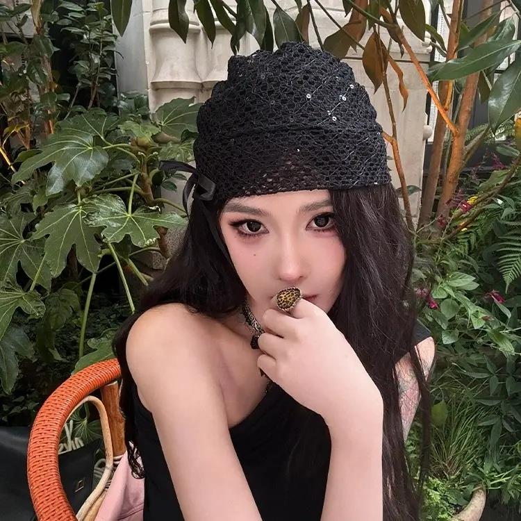 韩系黑色镂空蝴蝶结冷帽女小众设计感显脸小堆堆帽甜酷蕾丝包头帽