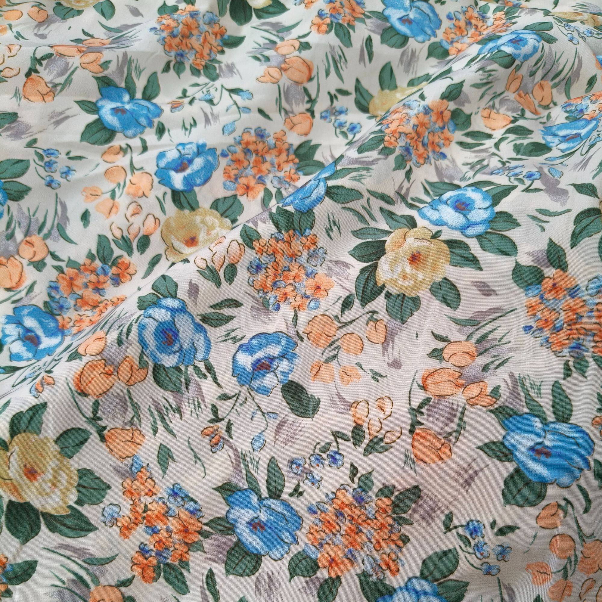 米色底蓝花 国风 定制雪纺服装连衣裙衬衫面料布料