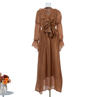 8色长袖 实拍法式 连衣裙女 高级感V领收腰喇叭袖 气质荷叶长裙时尚