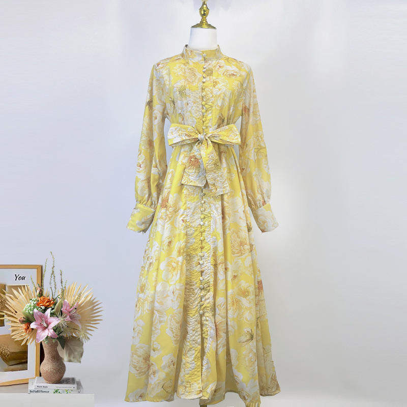 外贸设计感春夏立领单排扣系带收腰长裙印花棉麻连衣裙女单件,女装/女士精品,连衣裙,淘宝优惠券,粉丝福利购,淘宝优惠卷