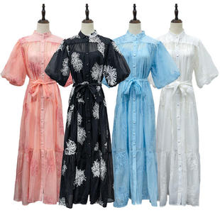 独立站不规则刺绣花朵连衣裙单排扣纯色结系带A字长裙女短袖