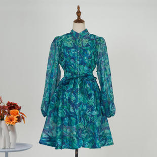 连衣裙女飞飞袖 现货舒适度假风时尚 设计感绑带印花立领灯笼袖