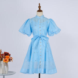 实拍现货夏秋女印花立领泡泡短袖 系带收腰大摆伞裙连衣裙短裙8色