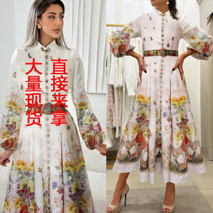 新款 精致单排扣春秋连衣裙配腰带 外贸小众设计感定位印花长袖