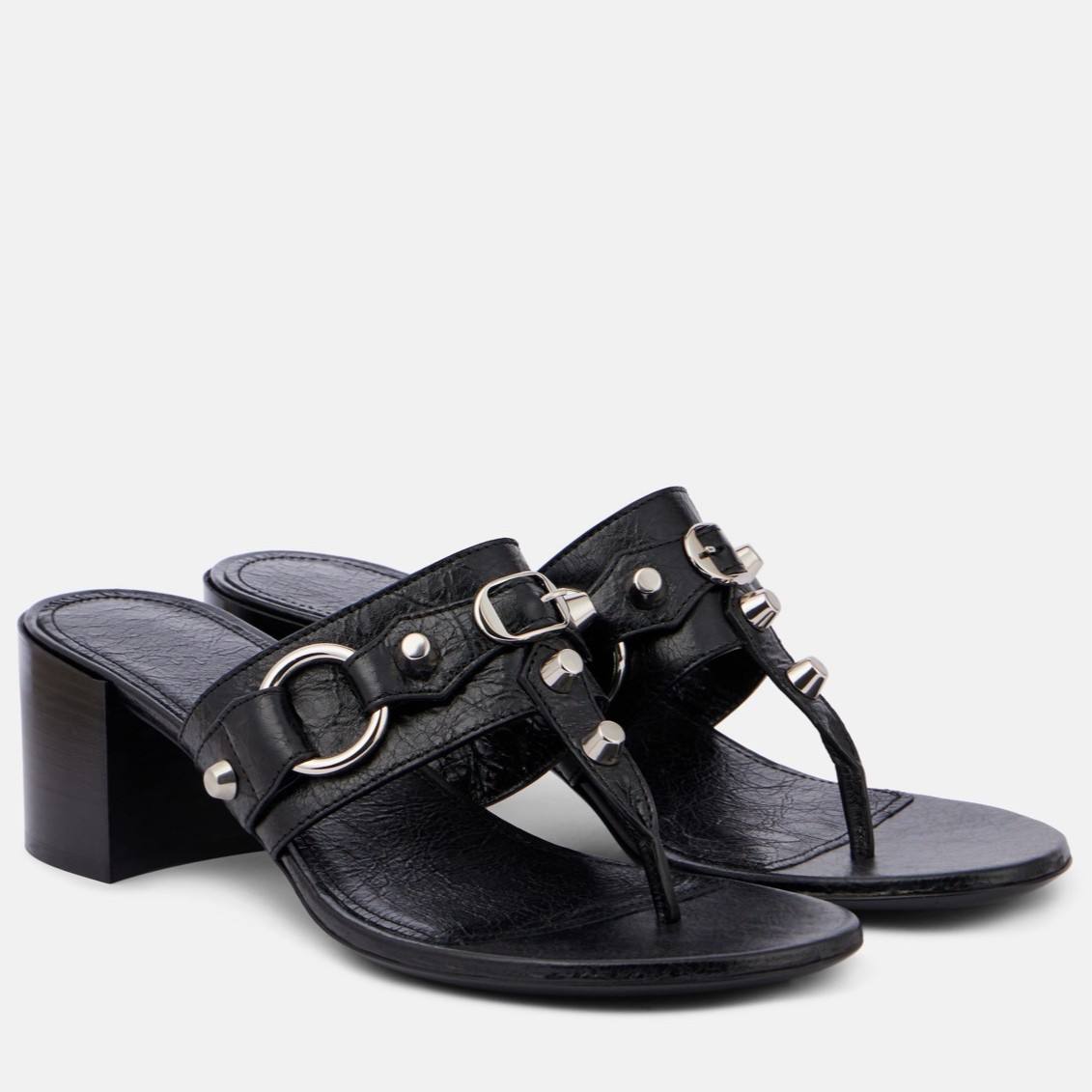 新款外贸欧美早春铆钉时髦罗马风凉金属扣高跟半拖字母扣女鞋