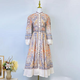 外贸独立站澳洲灯笼袖 连衣裙女口袋 单排扣印花显瘦收腰中长款