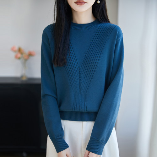 纯棉圆领女长袖抗起球保暖毛衣