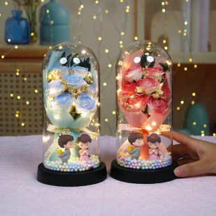 仿真玫瑰花干花永生花情人节送生日女友礼物满天星玻璃罩花束摆件