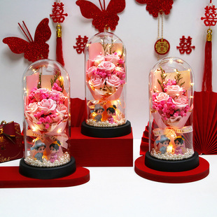 玫瑰花仿真花玻璃罩花束礼物送闺蜜结婚婚礼仿真花伴手礼装 饰摆件