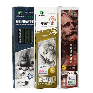 马利炭笔美术生专用软碳中碳硬碳特软速写软中硬碳笔马丽牌白色高光白笔绘画碳铅笔8b6b4b2b素描铅笔工具套装