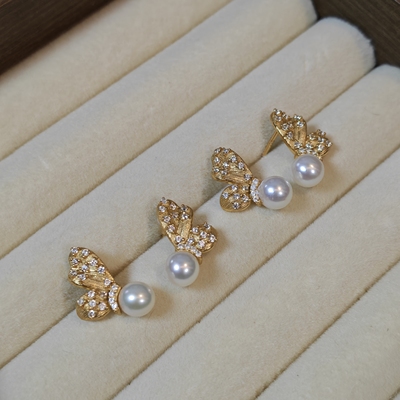 竺玥  梦蝴蝶·复古天然淡水珍珠蝴蝶耳钉s925银镀金甜美精工拉丝