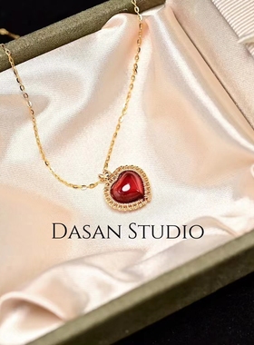 炽热的心手工绕线天然石榴石吊坠耳钉套装爱心型车厘子红百搭叠戴