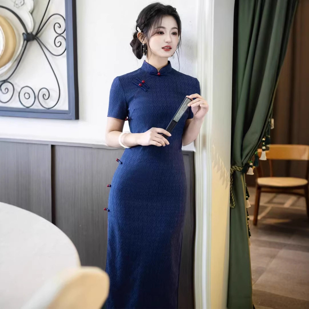 苏州旗袍春夏TR提花棉短袖女