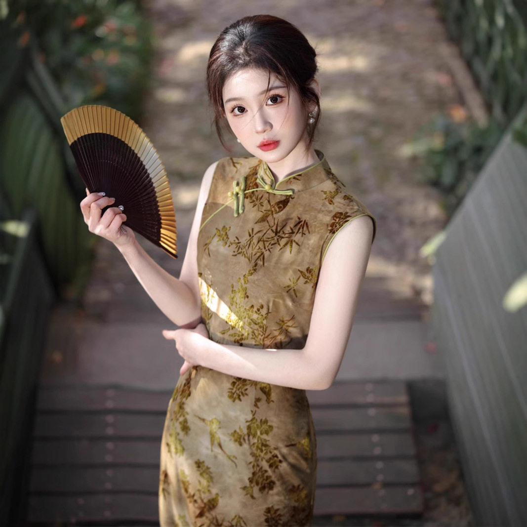 苏州旗袍春夏扎染植绒无袖中长款