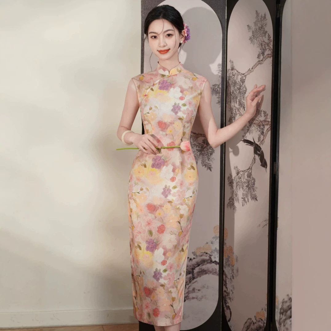 苏州旗袍仿丝麻无袖改良旗袍女