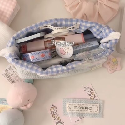 文艺威化饼干笔袋松软表面大容量简约文具袋格子奶油风文具收纳盒