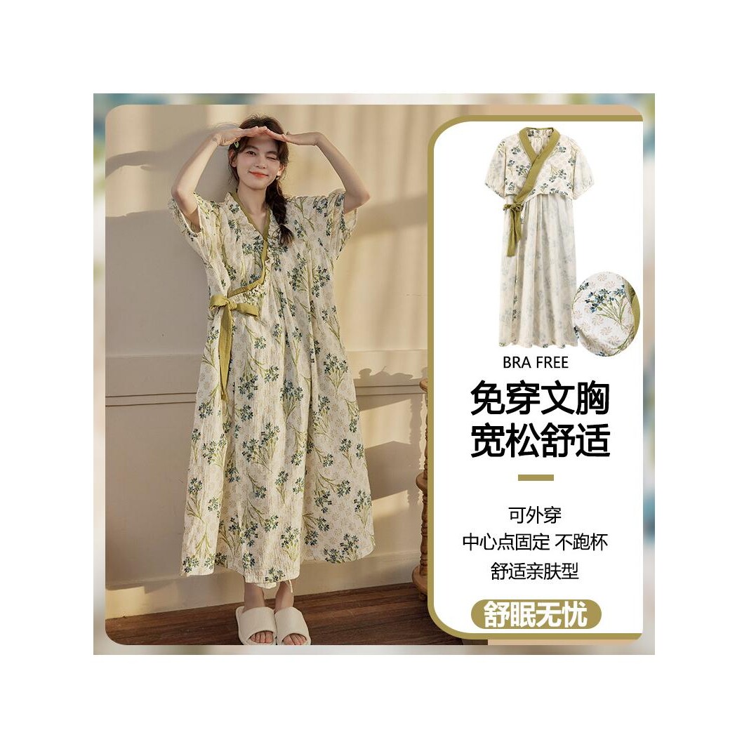 带胸垫云朵棉睡裙女款夏季纯棉短袖薄款系带睡袍可外穿睡衣连衣裙
