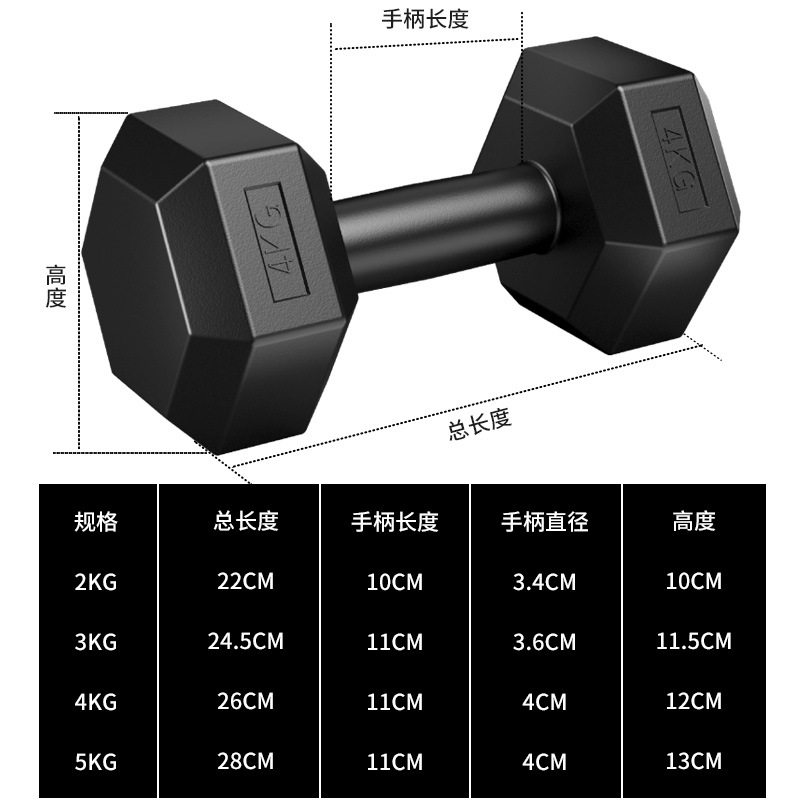 六角哑铃 男士家用健身器材一对运动黑色包胶小哑铃2/3/4/5kg学生