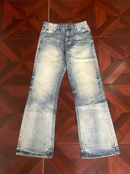 Nietpxfo Distressed Cream Ice Blue American Retro Washed Frayed Loose Straight Casual A-Line Jeans