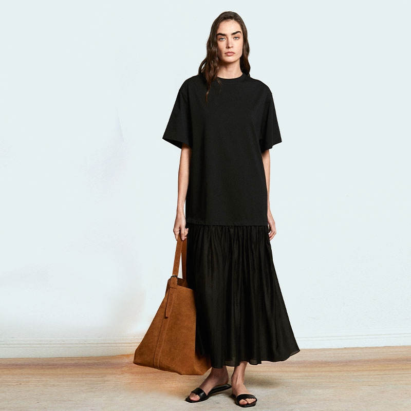 Carolingian简约松弛！定织精梳棉拼接天丝廓形解构连衣裙 T恤裙