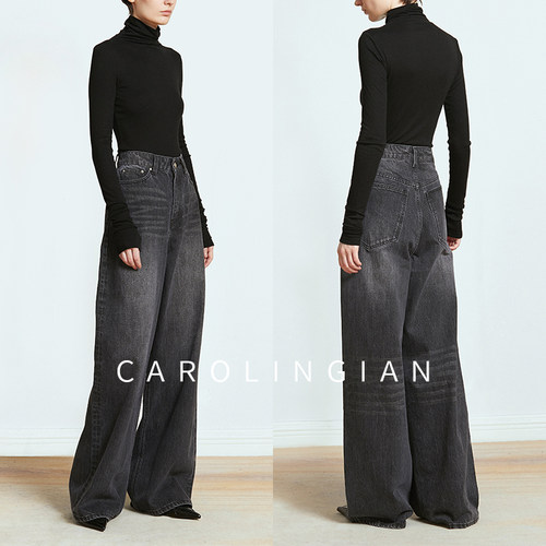 Carolingian时髦随性B入！长绒棉大廓形牛仔裤高妹长腿阔腿裤