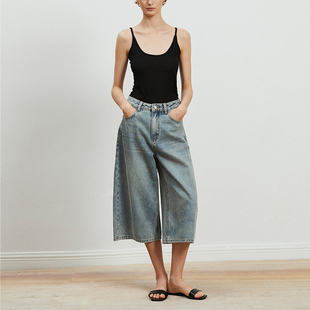 Carolingian高阶松弛 复古重工水洗长绒棉微A阔腿显瘦七分牛仔裤