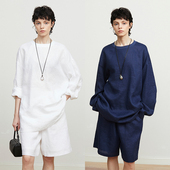 套装 Carolingian T恤上衣 五分裤 Row極简松弛 重磅亲肤亚麻长袖