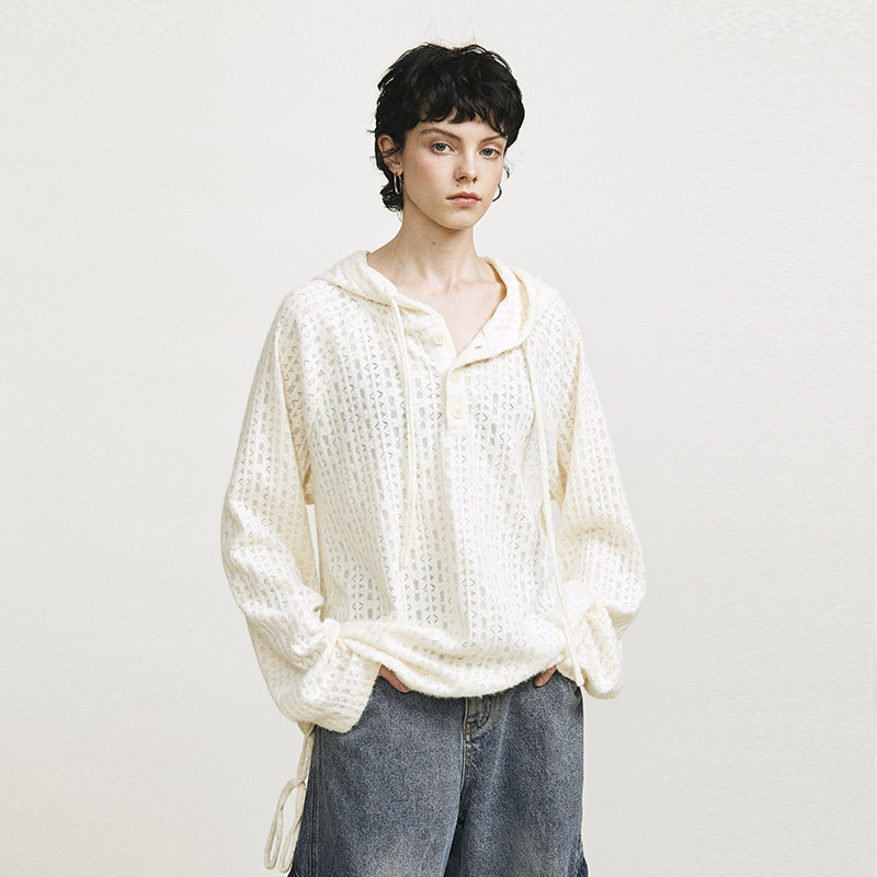 Carolingian法式气质！微透朦胧羽毛纱提花廓形连帽卫衣上衣早春