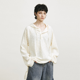 Carolingian法式 微透朦胧羽毛纱提花廓形连帽卫衣上衣早春 气质