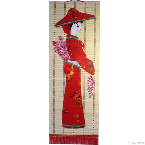 厂家直销布艺挂画竹帘画墙上装饰画手工布贴画民间工艺人物外贸