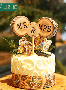 欧美婚礼个性蛋糕插牌木质MRMRS松木原木婚庆蛋糕派对装饰木插牌