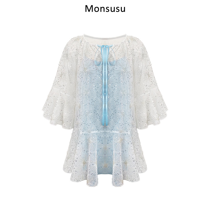 ann teanox monsusu 白色蓝蝴蝶结绑带钉珠洋装