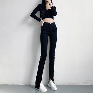 2025春新款高腰紧身微喇叭开叉高个子显瘦拖地加绒黑色牛仔裤女